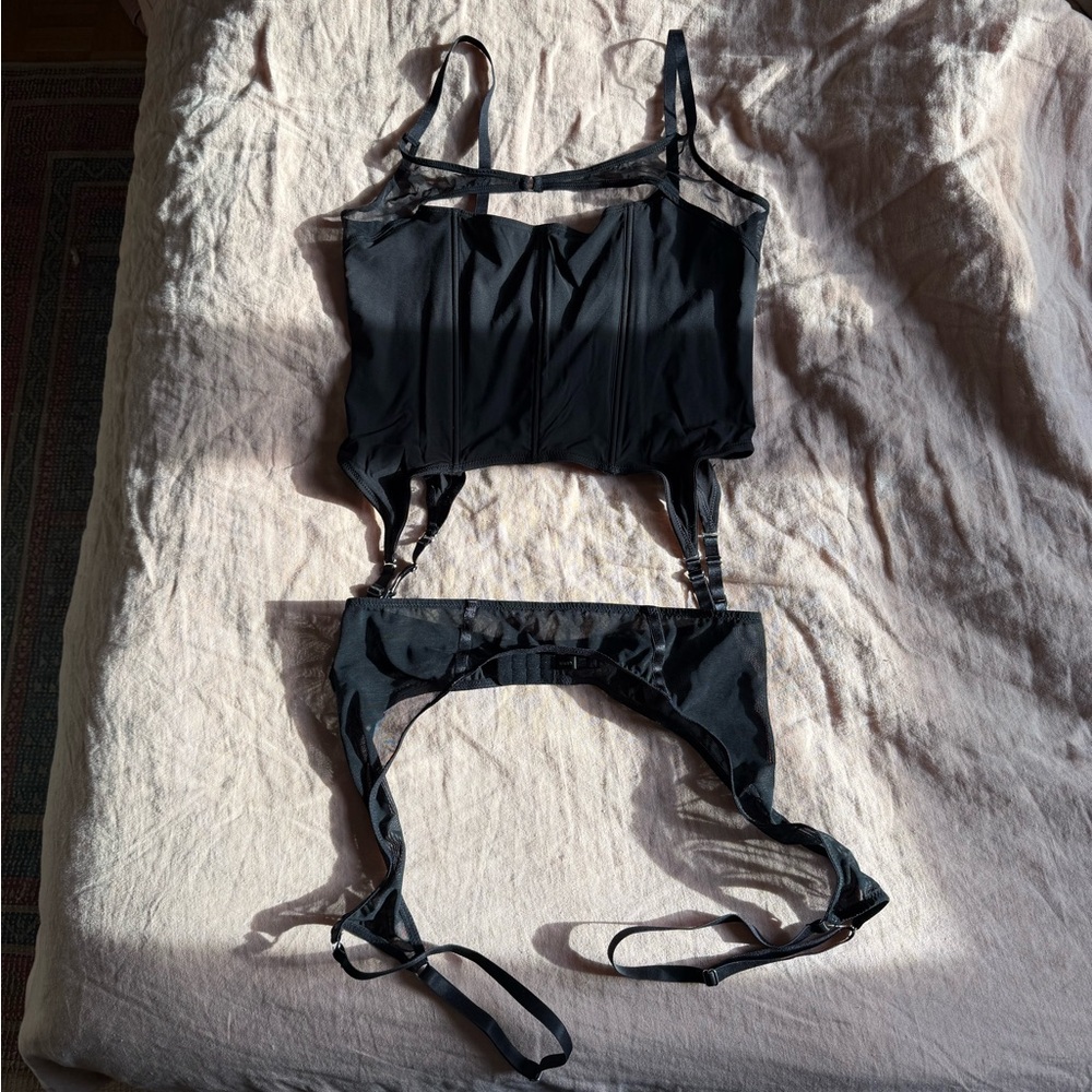 Blush Lingerie Orbit Corset & Ivy Garter Belt Mesh Set